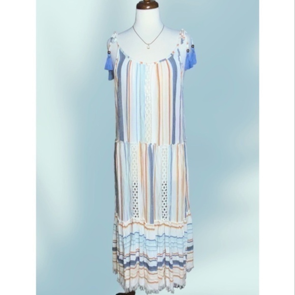 Blue Island Multicolor Stripes White Boho Fringe Hem Tie Strap Summer Dress XL